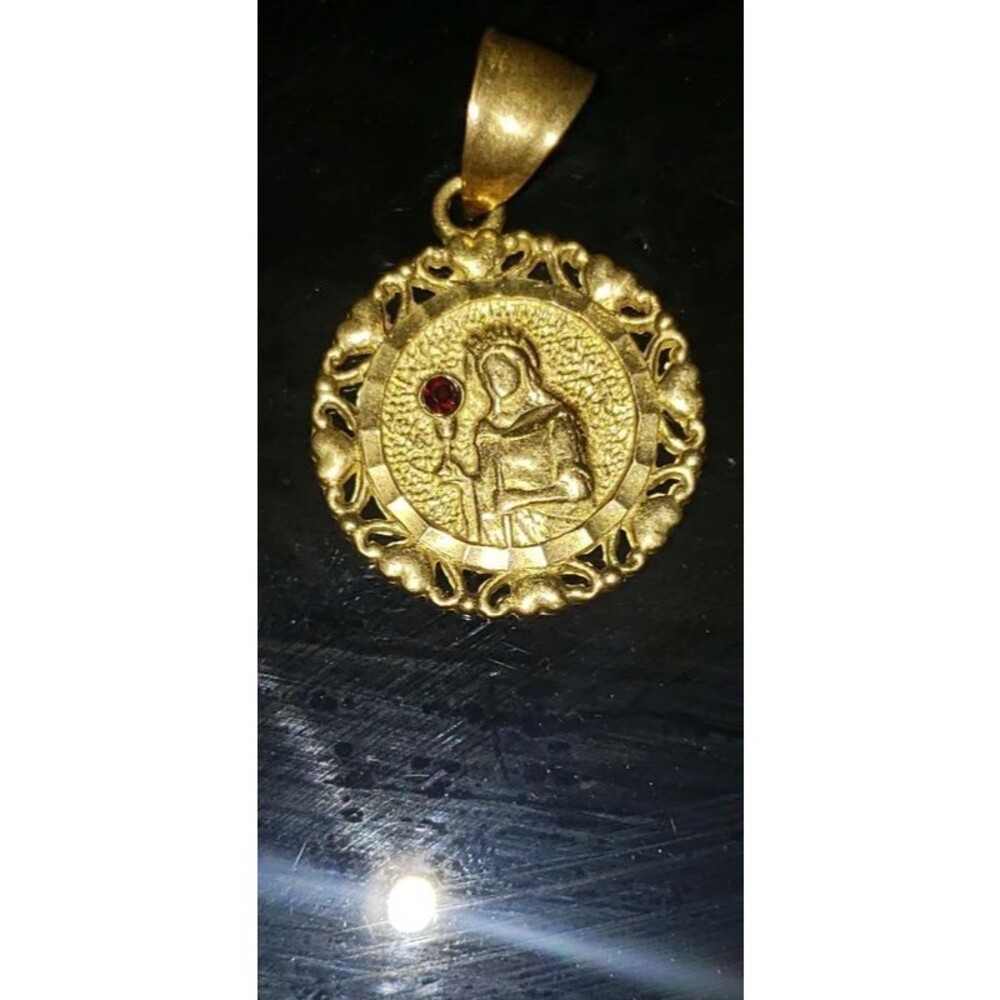 18K Yellow Gold Round Religious Medal Pendant with Ruby Accent Filigree Estate